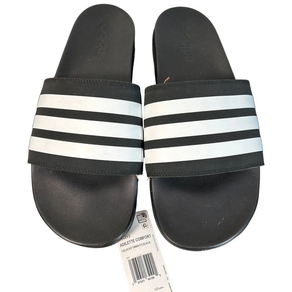 Adidas Adilette Comfort Slides Black White Mens 12 Womens 13 JS4313 Sandal